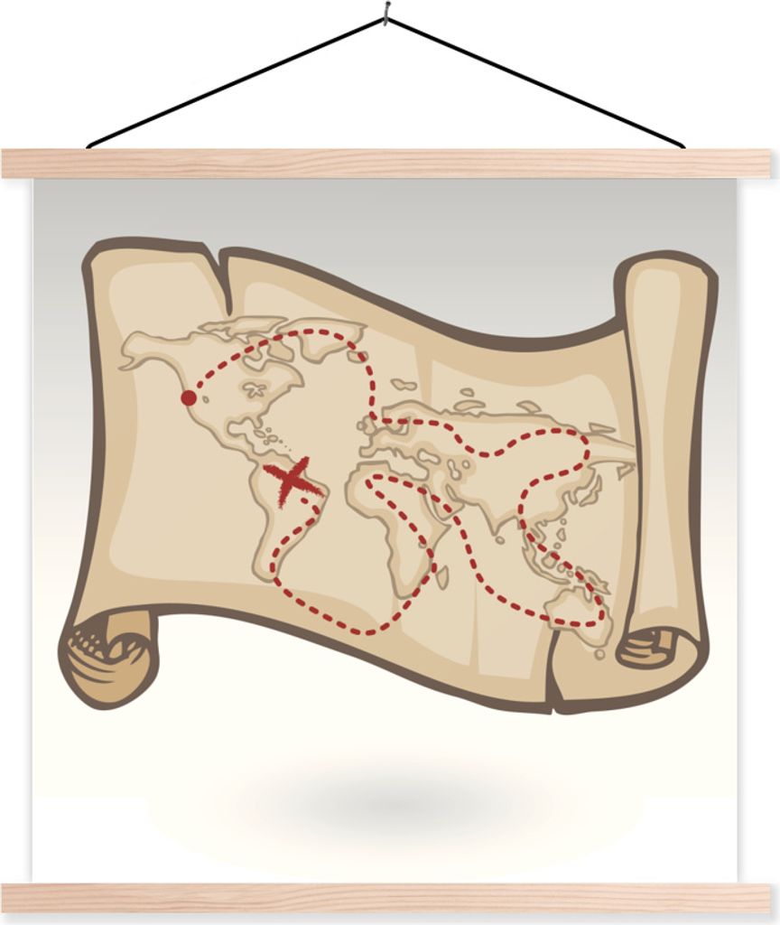 MuchoWow Textilposter Eine Illustration einer Piratenweltkarte 120x120 cm mit holzfarbenen Rahmen - Textil-Poster