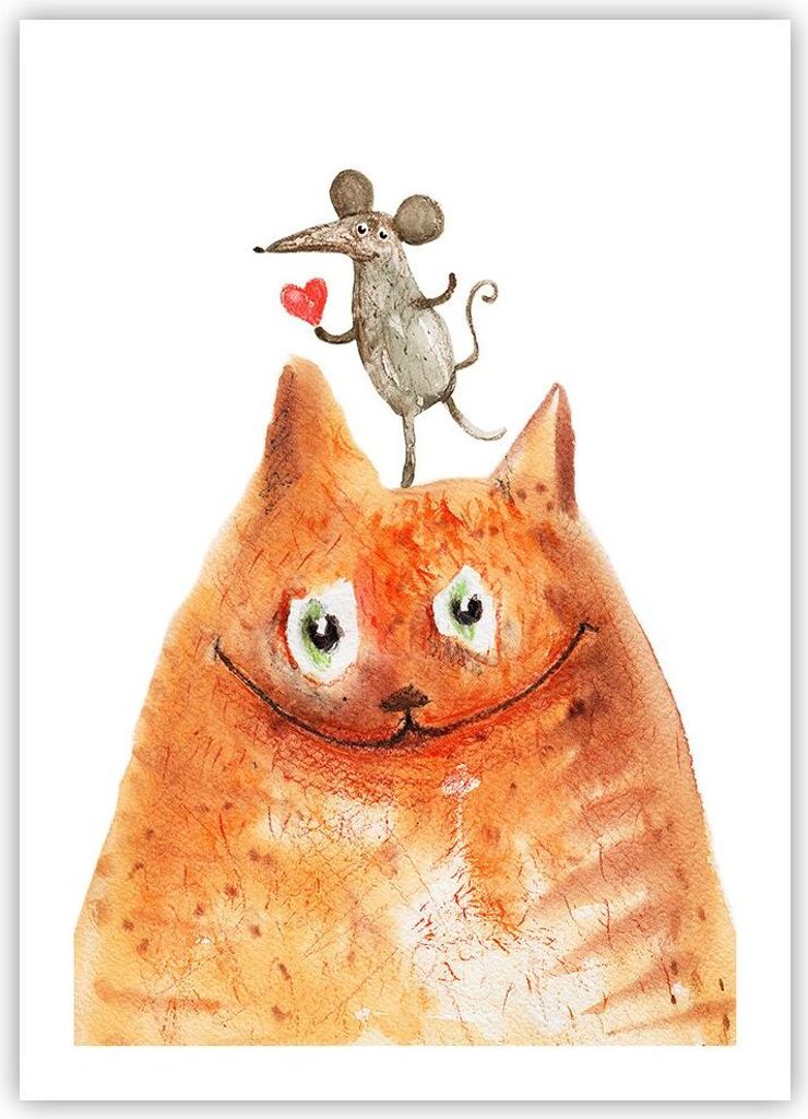 Poster - Poster ohne Rahmen - Katze Maus Kinder - 50x70 cm - Wand Bild - Wanddeko - Wandbilder - Kunstposter - Wandposter - Bilder - Kunstdruck - W...