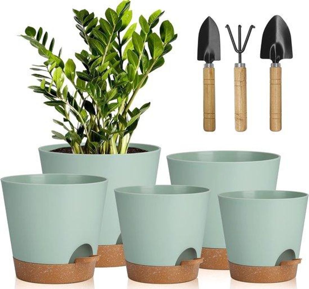 Famanu Blumentöpfe, 5 Stück, Kunststoff, mit Bewässerungssystem, 17,8/16,5/15,2/13,9/12,7 cm, selbstbewässernd, rund, für Innen, Balkon, Garten,