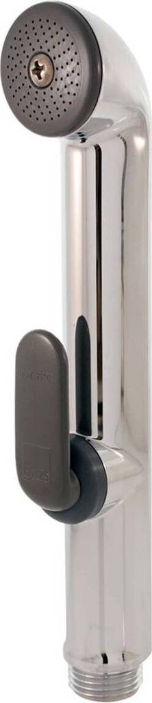 A close-up studio shot of a chrome bidet spray head with a gray handle.