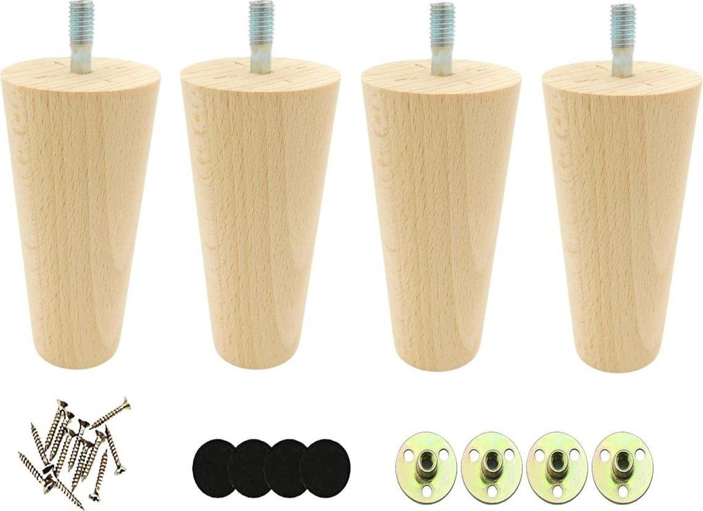 Four wooden furniture legs with metal screws and mounting plates, along with four felt pads, are arranged on a white background.