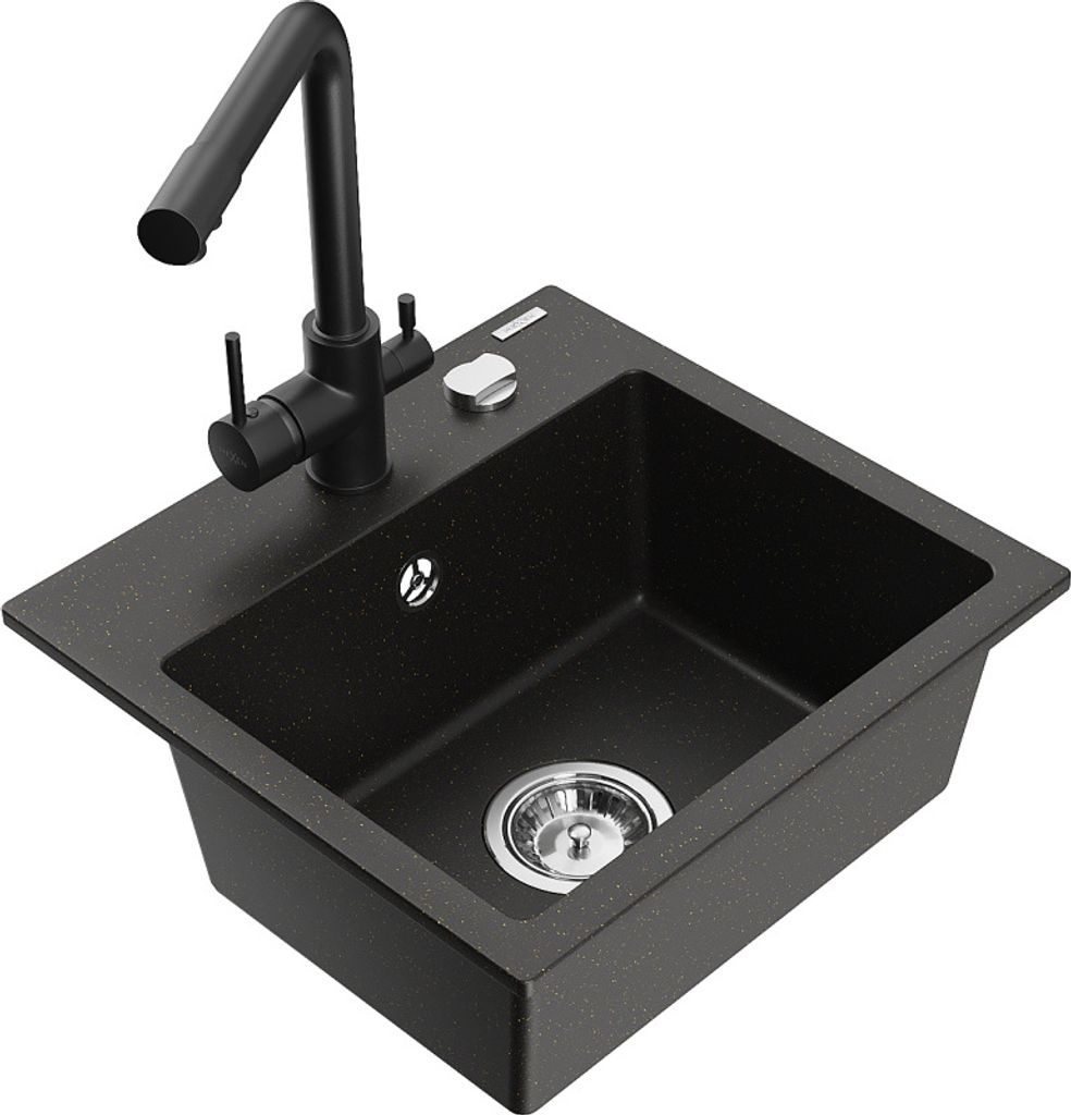 Mexen Milo 1-Becken-Granit-Spüle mit Mischbatterie Duero, Schwarz/Gold metallisch - 6505-75-671600-70