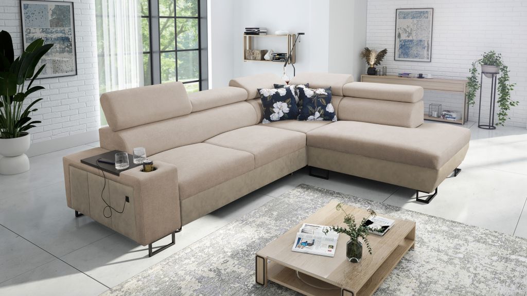 Kaiser Möbel Modernes Luxus-Ecksofa mit Schlaffunktion MELODY VII Tauro/Freya Beige/Dunkelbeige Rechts