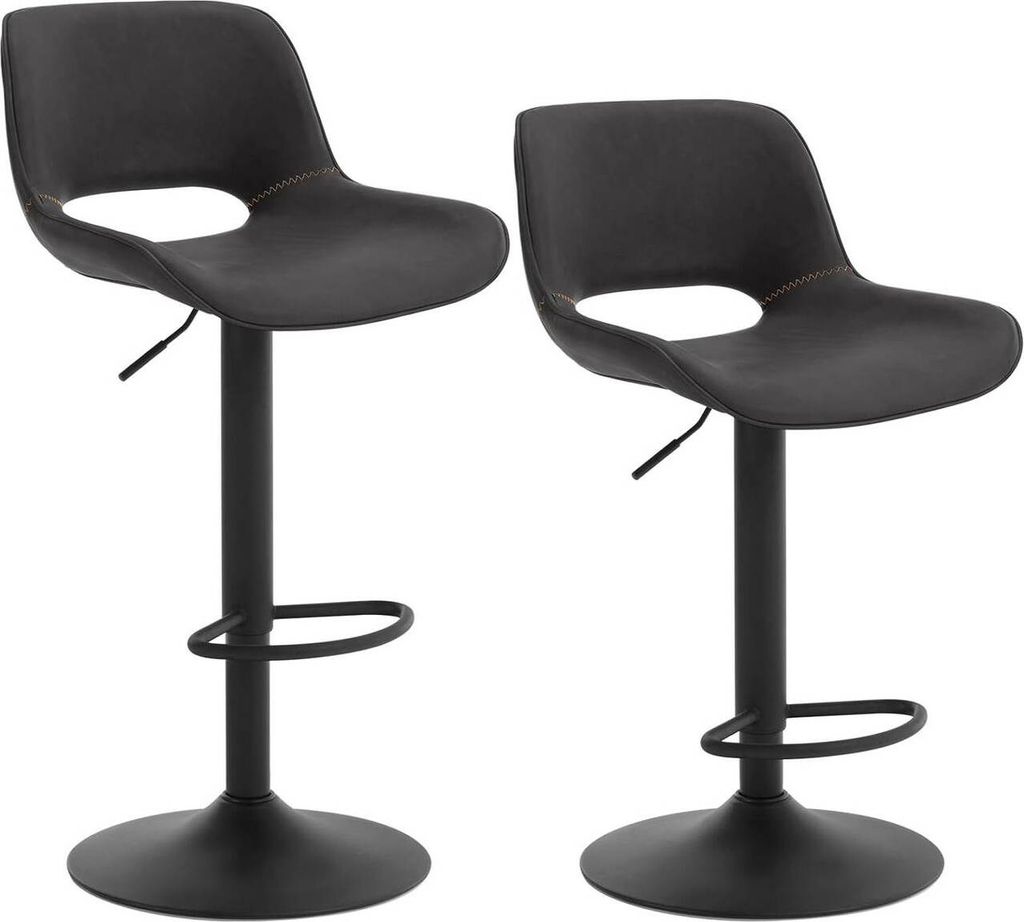 Two black bar stools on a white background.