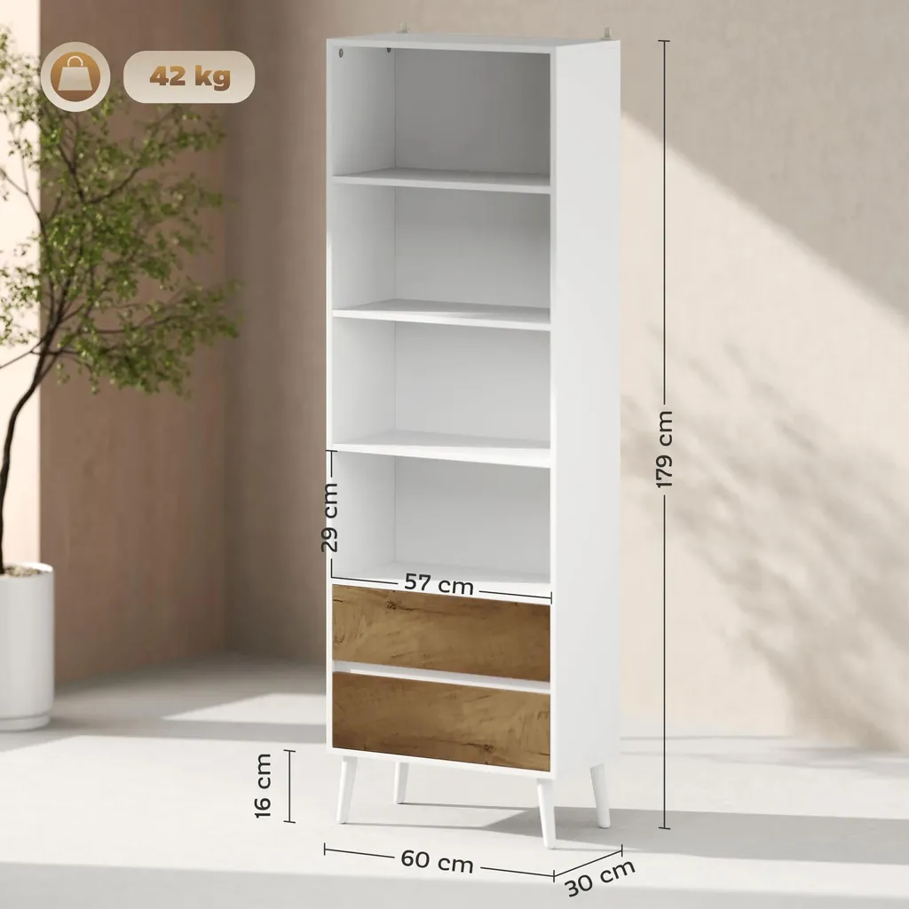Meuble Bibliothèque Gain de Place 60 cm de Large avec Tiroirs Blanc - 3