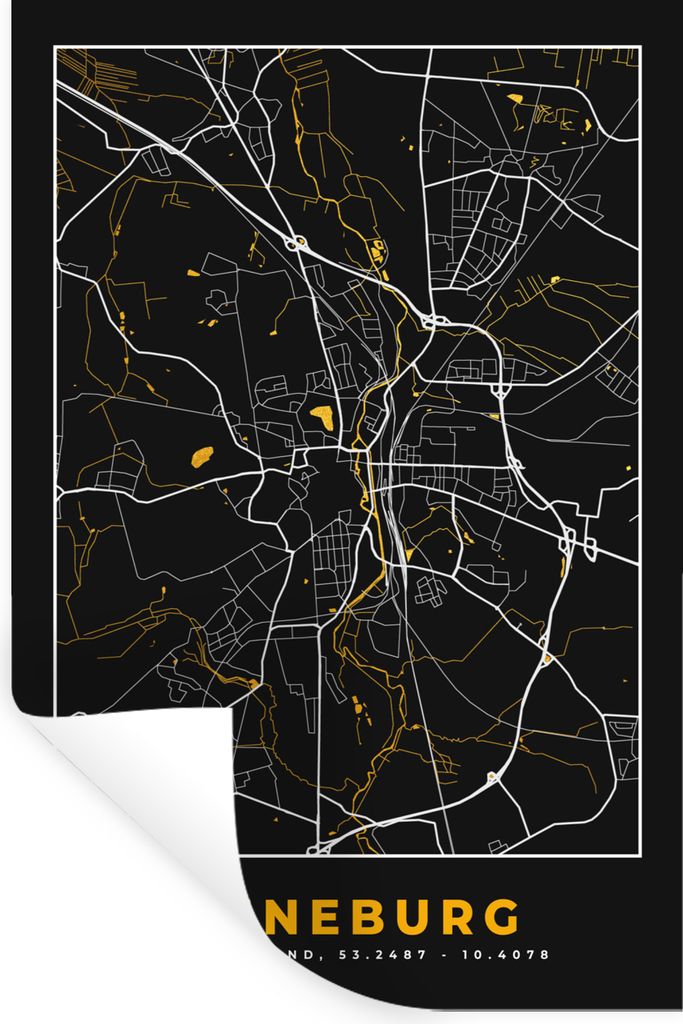 MuchoWow Wandtattoo Wandsticker Wandaufkleber Gold - Deutschland - Karte - Stadtplan - Lüneburg 80x120 cm Selbstklebend und Repositionierbar - R...