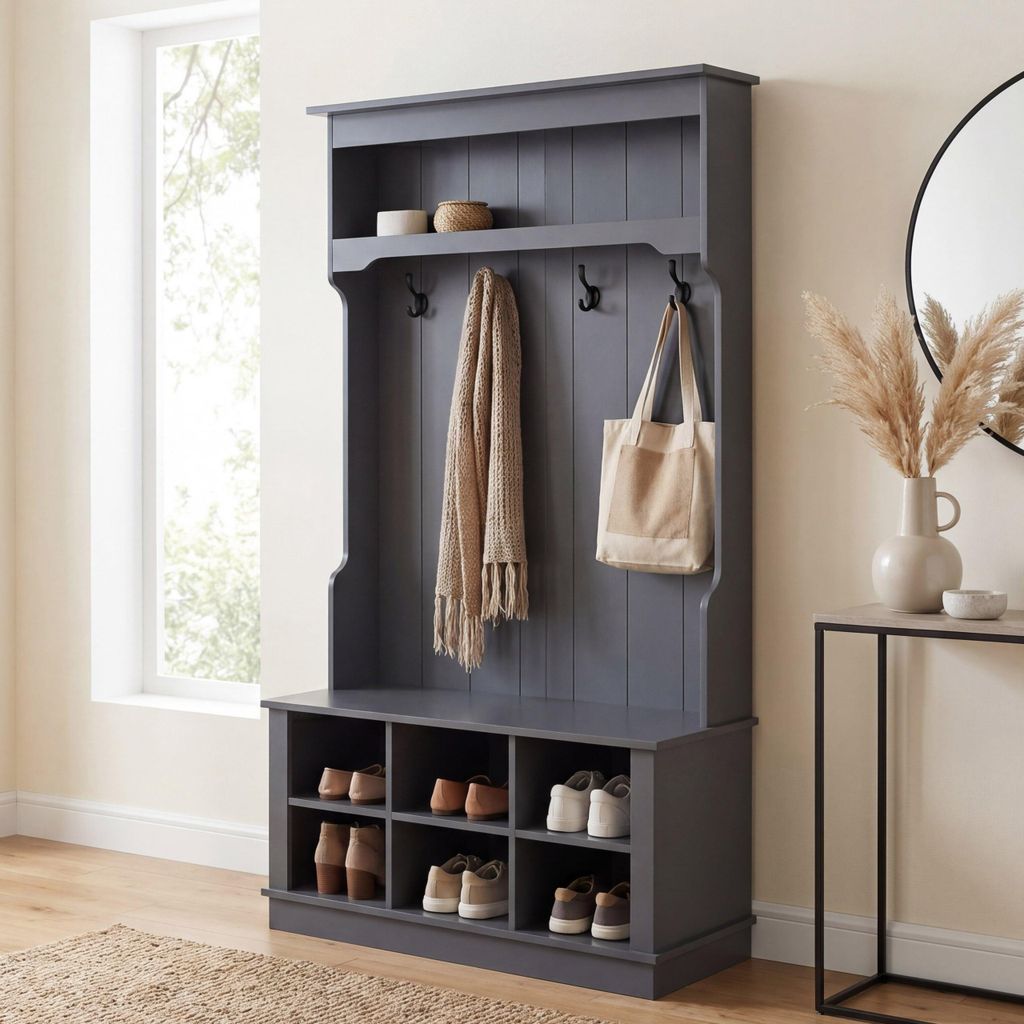 Garderobe MCW-P26, Flurgarderobe Holzgarderobe Sitzbank, 4 Haken Staufach Ablage Melamin 170x100x39cm dunkelgrau
