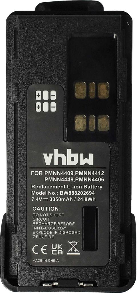 vhbw Akku Ersatz für Motorola PMNN4406BR, PMNN4409AR, PMNN4409, PMNN4406 für Funkgerät, Walkie Talkie (3350 mAh, 7,4 V, Li-Ion) + Gürtelclip