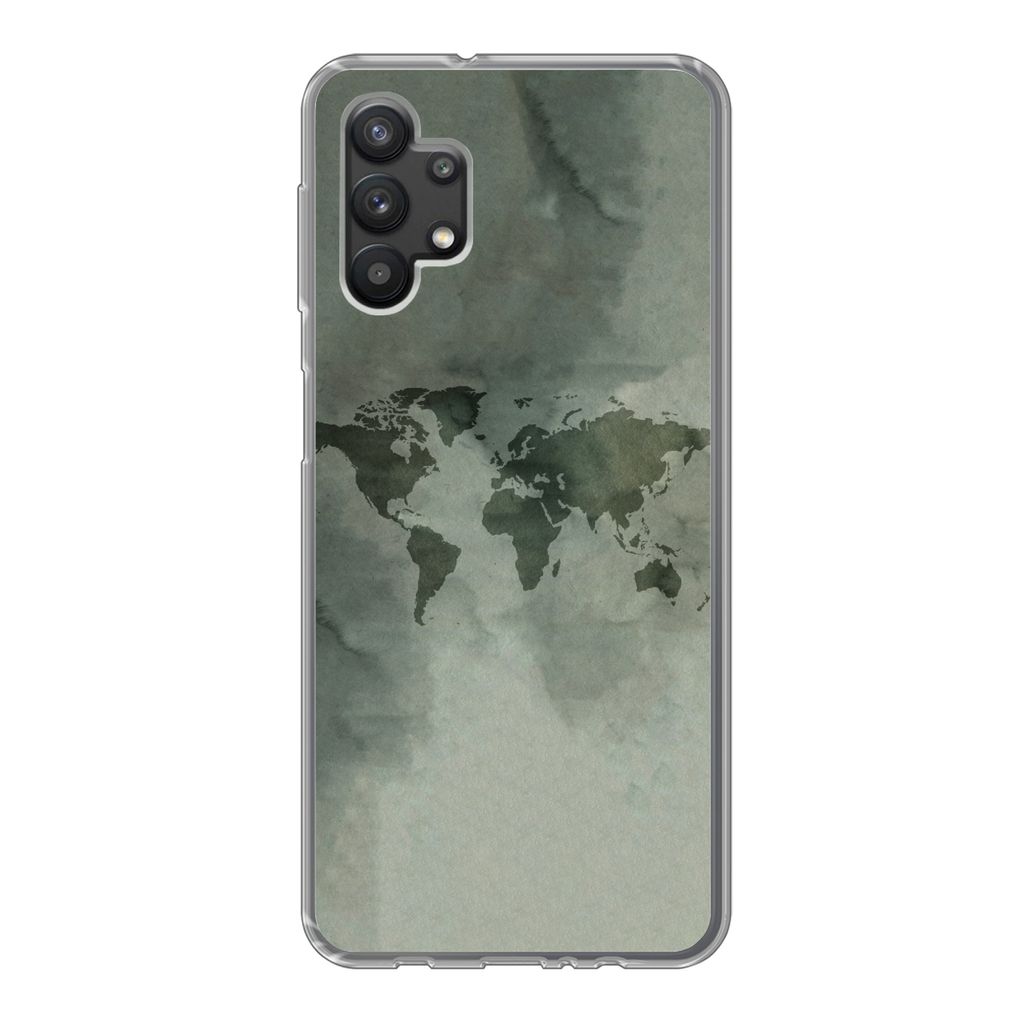 MuchoWow Handyhülle Schutzhülle Hülle für Samsung Galaxy A32 5G Weltkarte - Grün - Grau Silikon Softcase Handy Hülle - Softcase