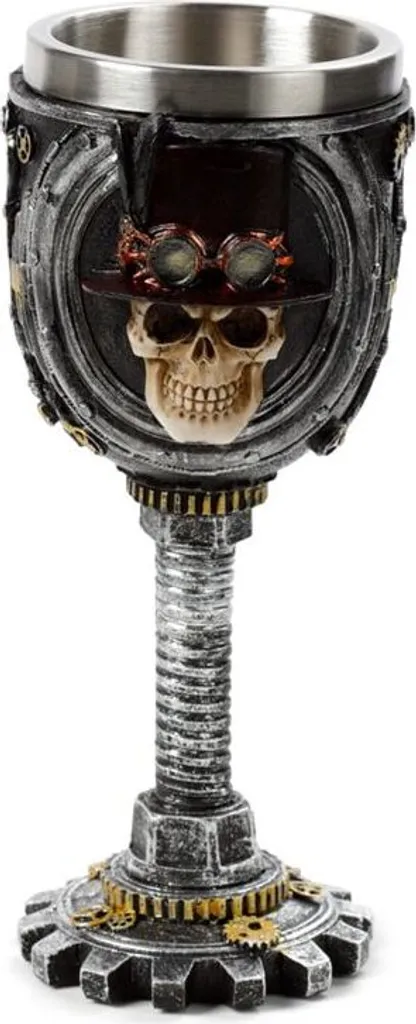 Verre décoratif Steampunk avec crâne sculpté et détails en résine argentée