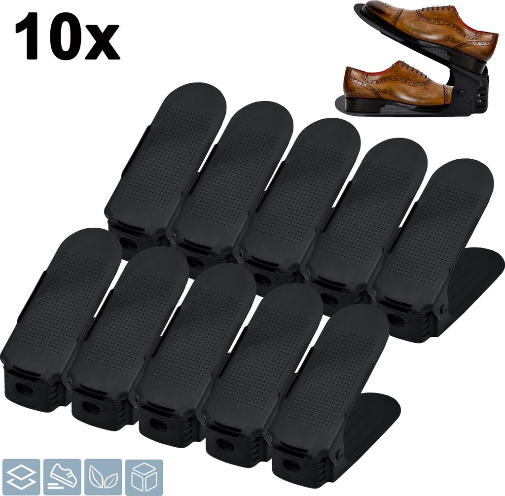 A set of 10 black shoe organizers stacked and arranged on a white background. A pair of brown leather dress shoes is shown in the top right corner, demonstrating the organizer's use.