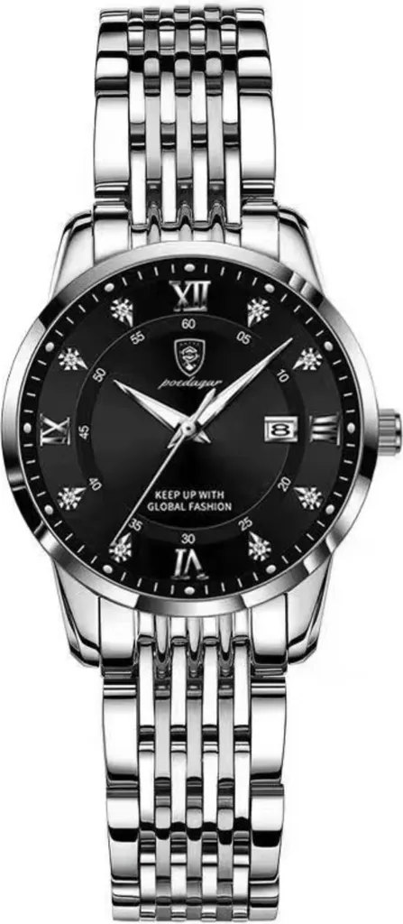 Montre Femme en Acier Argenté POEDAGAR Lady KP35030 Cadran Noir Luxe