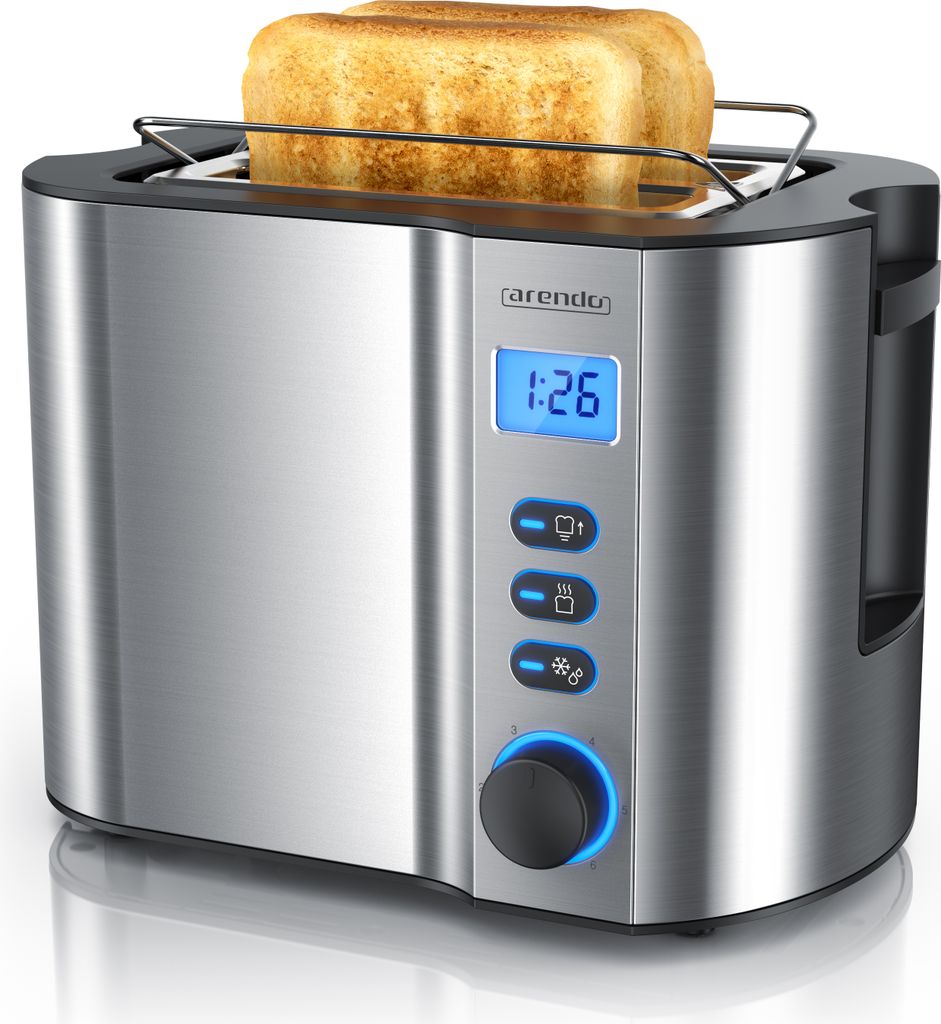 Arendo Toaster für 2 Scheiben mit Restzeitanzeige, 800W, wärmeisolierendes Doppelwandgehäuse, Brötchenaufsatz, Auftaufunktion, Silber