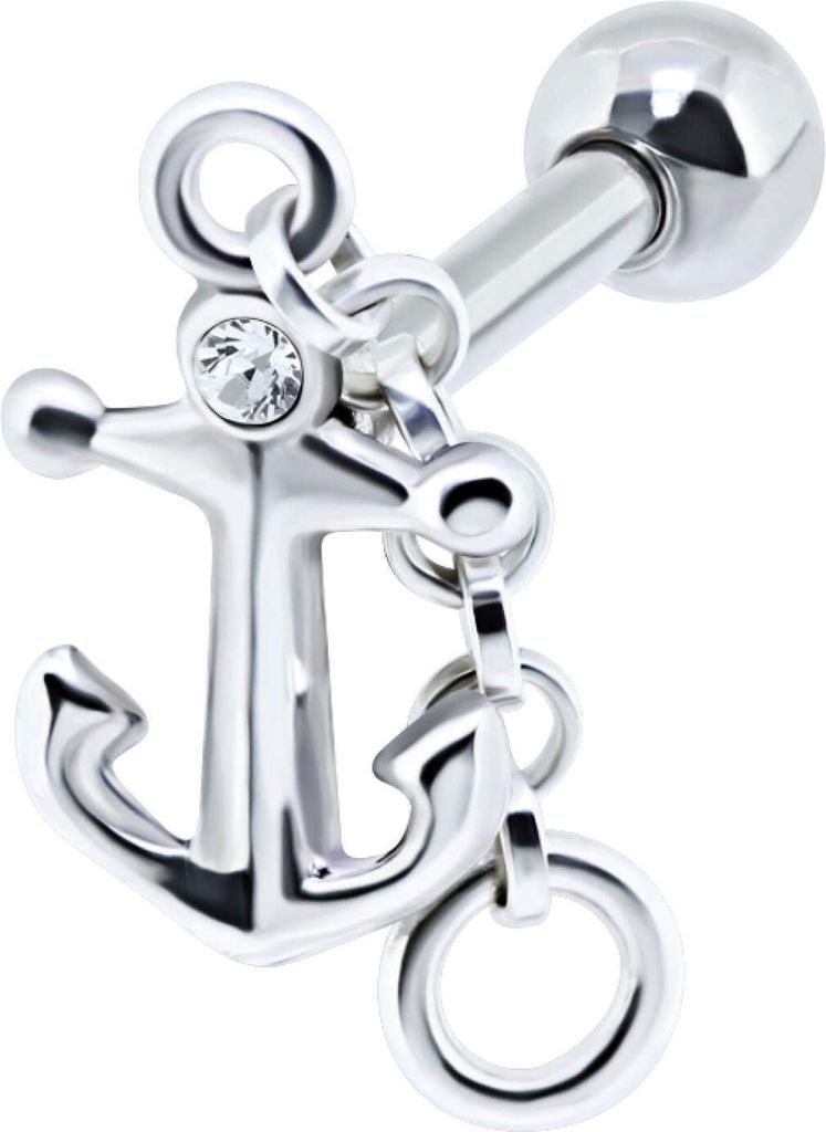 1 Stück Ohrring Helix Ohrpiercing 925 Sterling Silber Kette und Anker mit Glaskristall in transparent Verschlusskugel 4mm