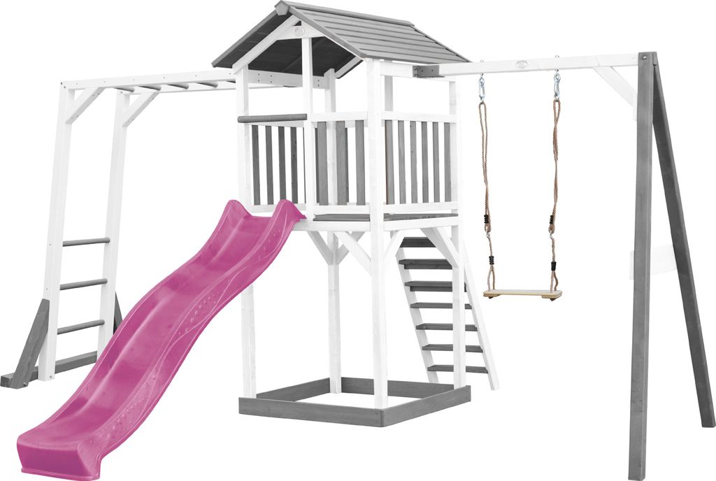 AXI Beach Tower Spielturm aus Holz in Weiß & Grau | Spielhaus für Kinder mit lila Rutsche, Klettergerüst, Schaukel und Sandkasten | Stelzenhaus ...