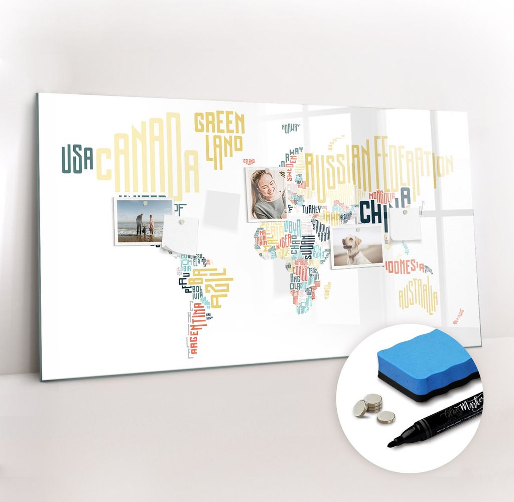 Magnetpinnwand Memoboard - Zubehörsatz - Schwarzer Marker + Schwamm + Magnete - 120 x 60 cm - Ländernamen