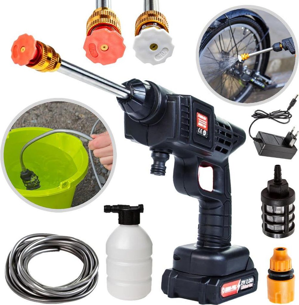 A collage of images showing a cordless pressure washer and its accessories, including different spray nozzles, a bucket with a hose, a charging adapter, a foam cannon, and a coiled hose.