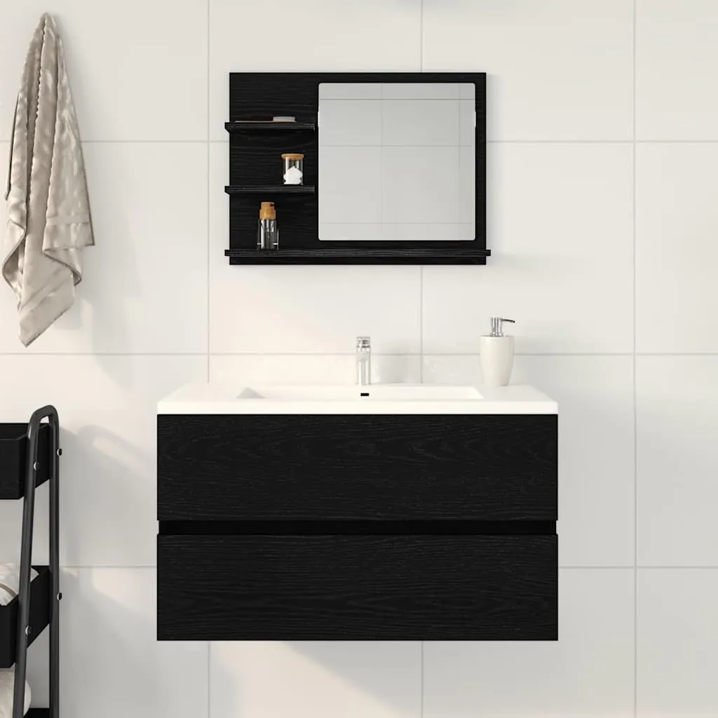 Miroir de salle de bain 60 cm noir bois composite avec tablette chêne