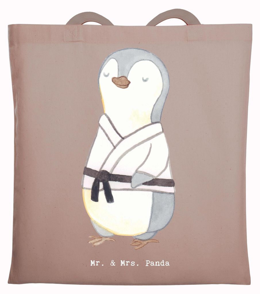 Mr. & Mrs. Panda Shopping Tasche Pinguin Karate - Braun Pastell - Geschenk, Kampfsportart, studententasche, Verein, Tote Bag, Einkaufstasche, Kampf...