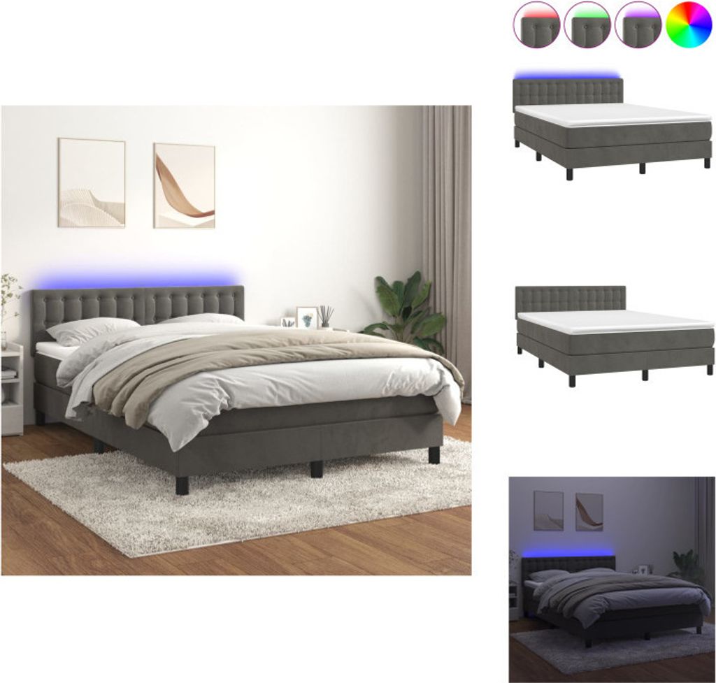 vidaXL Boxspringbett mit Matratze & LED Dunkelgrau 140x190 cm Samt - Betten & Bettgestelle