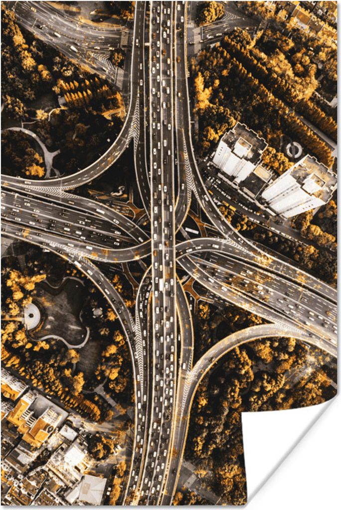 MuchoWow Poster Gold - Autobahn - Bäume 80x120 cm - Papierdruck