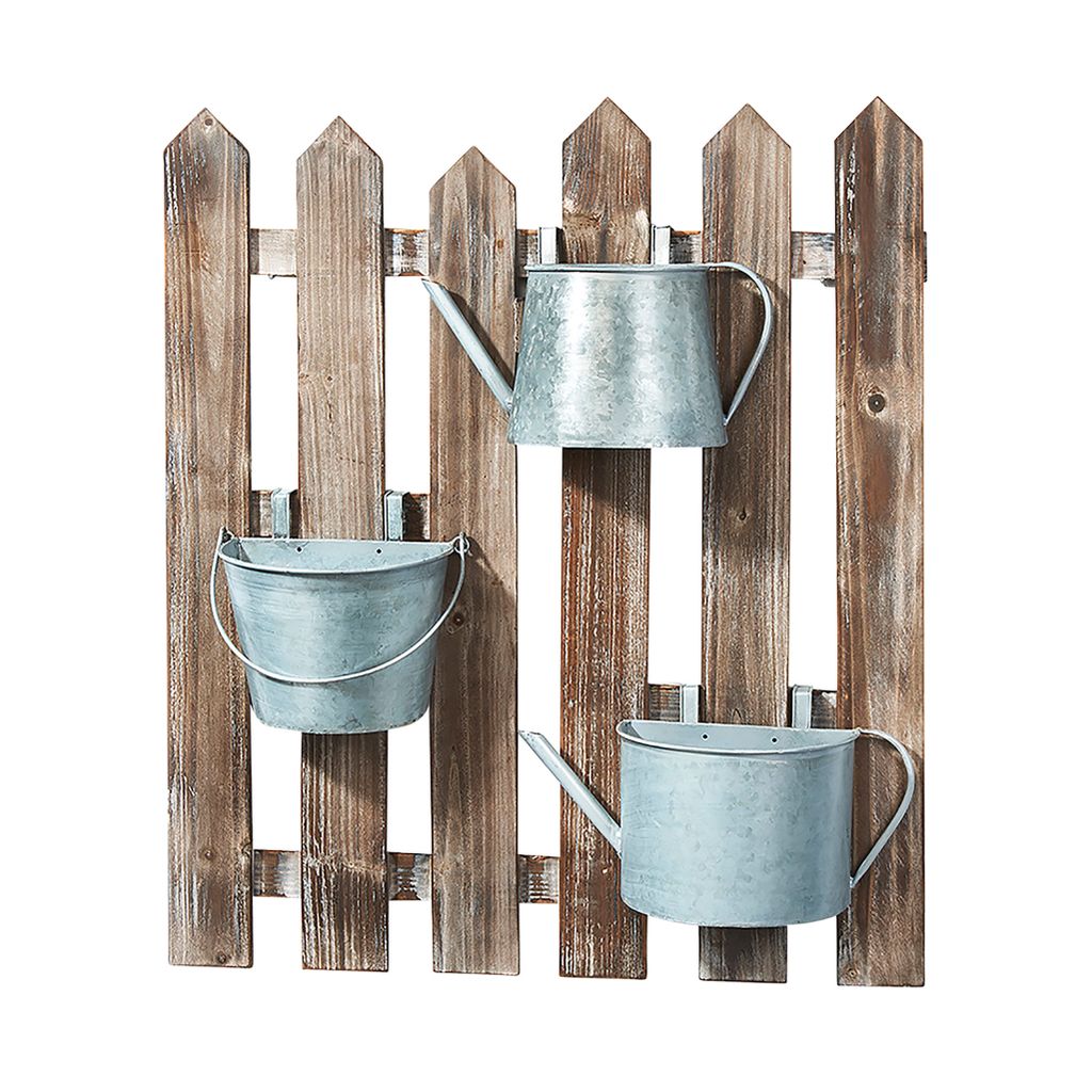 Kobolo Pflanzobjekt Blumenkasten aus Holz - 3 Metallbehälter mit Haken Zaunoptik Gartenzaun - braun - Flower Plant Blumentopf Geschenk Present Deko