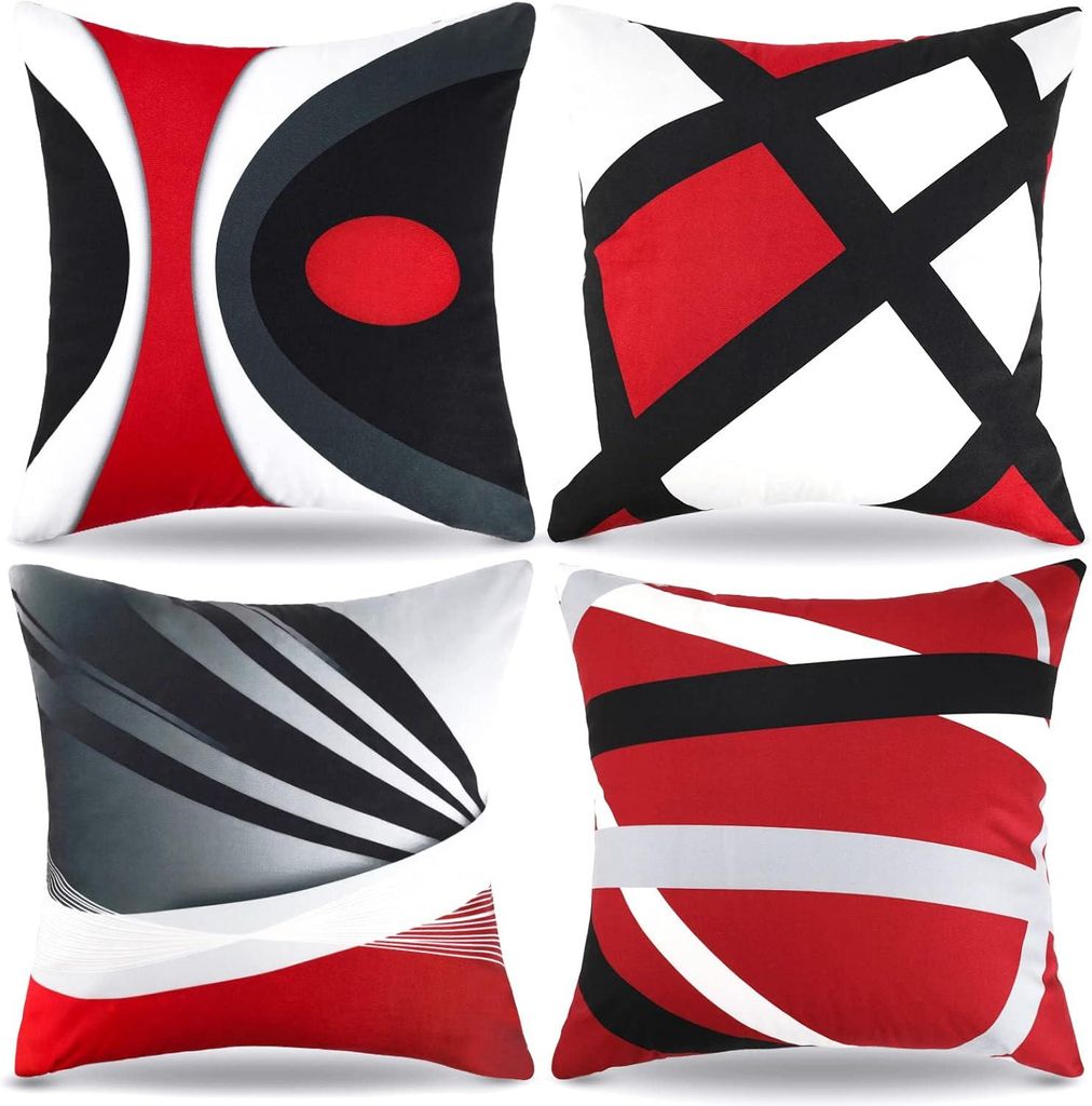 Moderne Kissenbezüge mit geometrischem Design, 45 x 45 cm, 4er-Set, doppelseitig, aus Samt mit Streifen in Rot, Schwarz und Grau, Wohnzimmerdekora...