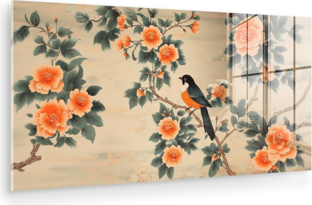 MuchoWow Glasbilder - Bilder auf Wandbild - Foto auf Glas Vogel - Zweig - Blumen - Orange 40x20 cm Wanddekoration aus Glas - Acrylglasbild - Acrylb...