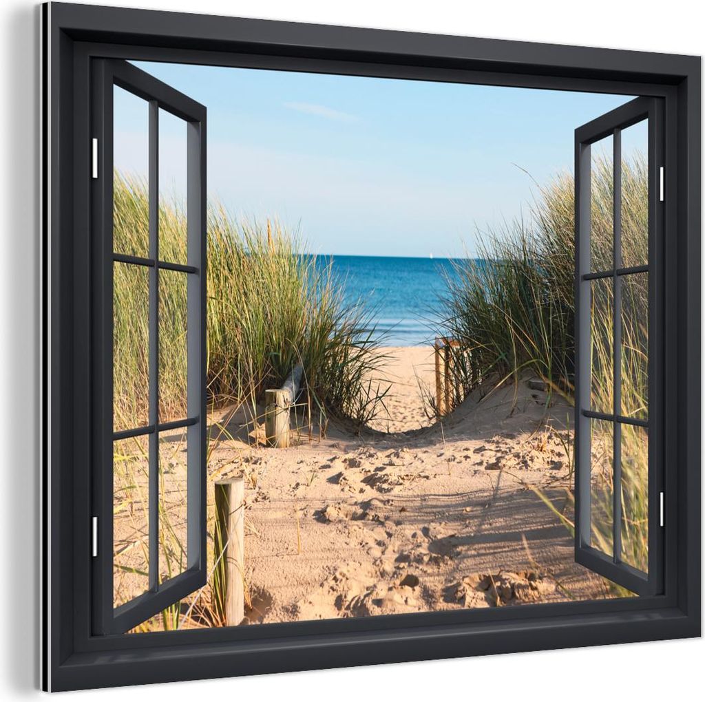 MuchoWow Wanddekoration Metall Metallbild Wandkunst 40x30 cm Durchblick - Strand - Meer - Sand - Wasser - Strandhafer - Dünen MuchoWow Aluminium G...