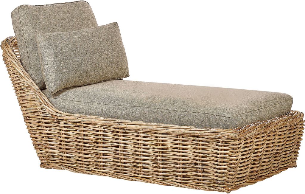 BELIANI Gartenliege Natur aus Rattan mit Auflage Taupe Kissen Geflecht Boho Modern Sonnenliege Gartenmöbel für Garten Terrasse Outdoor