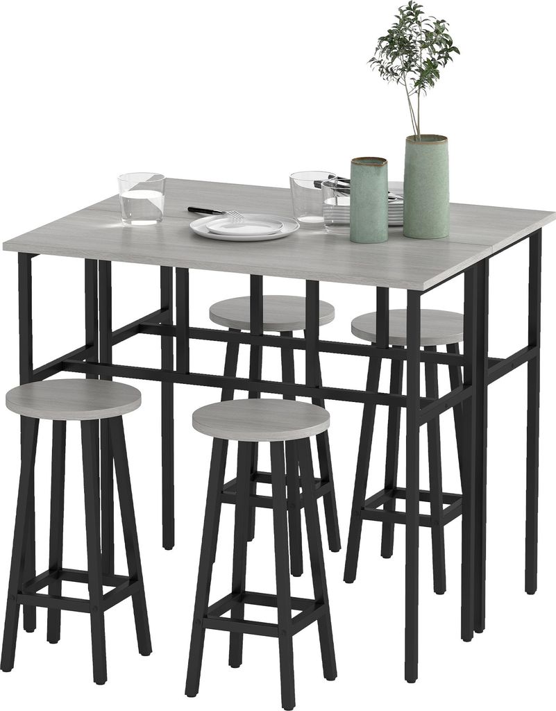 HOMCOM 6-teilig Essgruppe 2 Bartisch mit 4 Stühlen im Industrial Design Grau