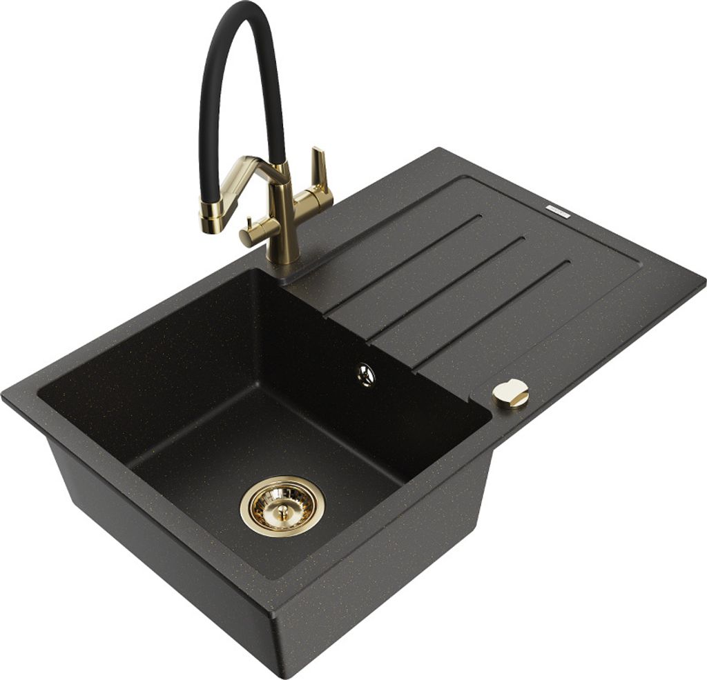 Mexen Bruno 1 Becken-Granitspüle mit Abtropffläche und Mischbatterie Duo, Schwarz/Gold metallisch - 6513-75-671701-57-G