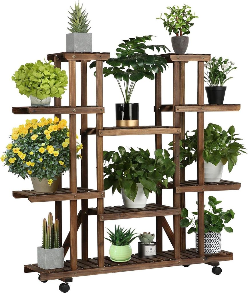 Holz Blumenregal mit Rollen - 6 Ebenen für Balkon und Garten