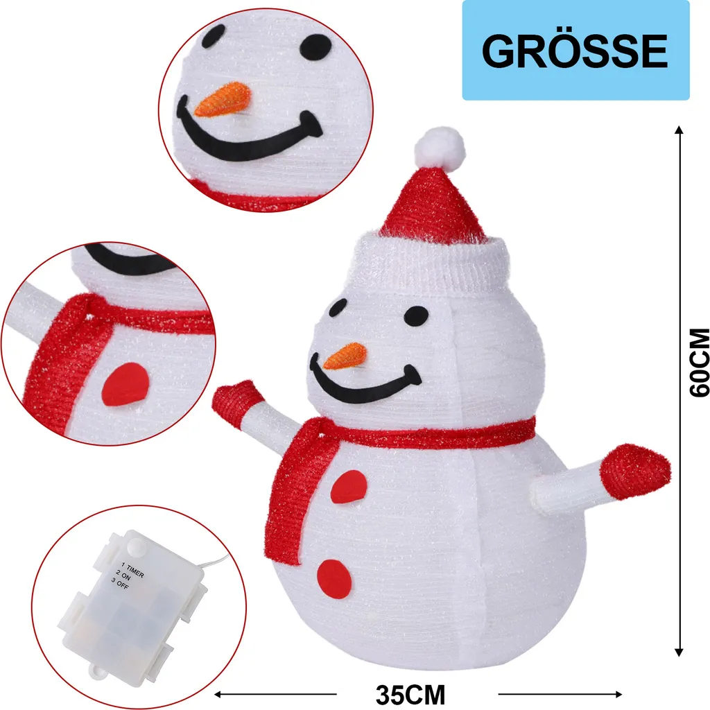 Bonhomme de Neige LED 60cm, Minuterie - Éclairage Blanc Froid Piles