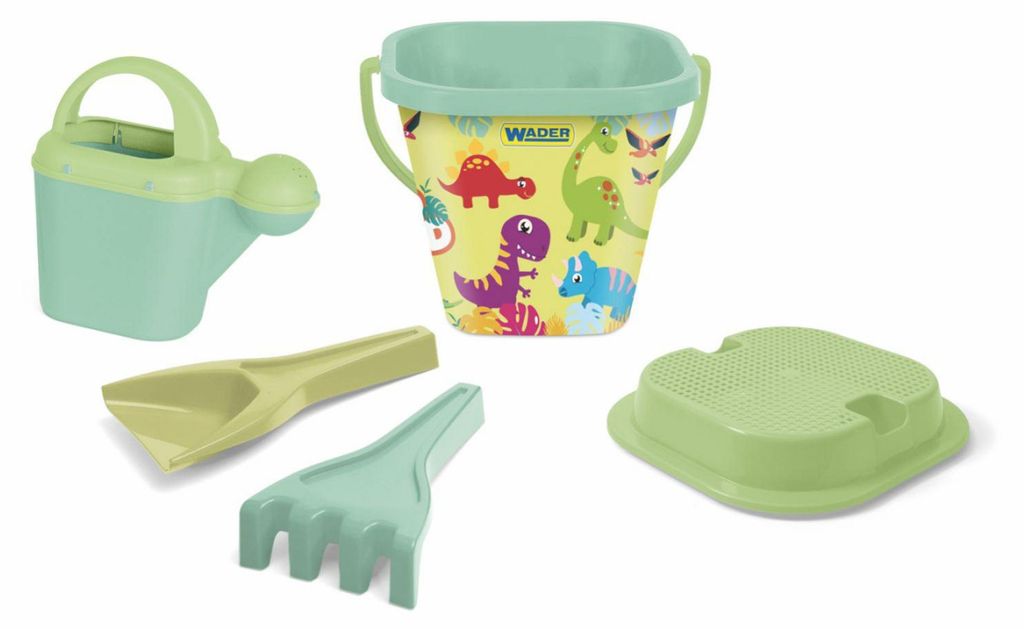 RePlay Sandspielset „Dinosaurier“ – Kunststoff-Eimer mit Zubehör im Netzbeutel, 19 x 26 x 19 cm, ab 12 Monaten, Wader
