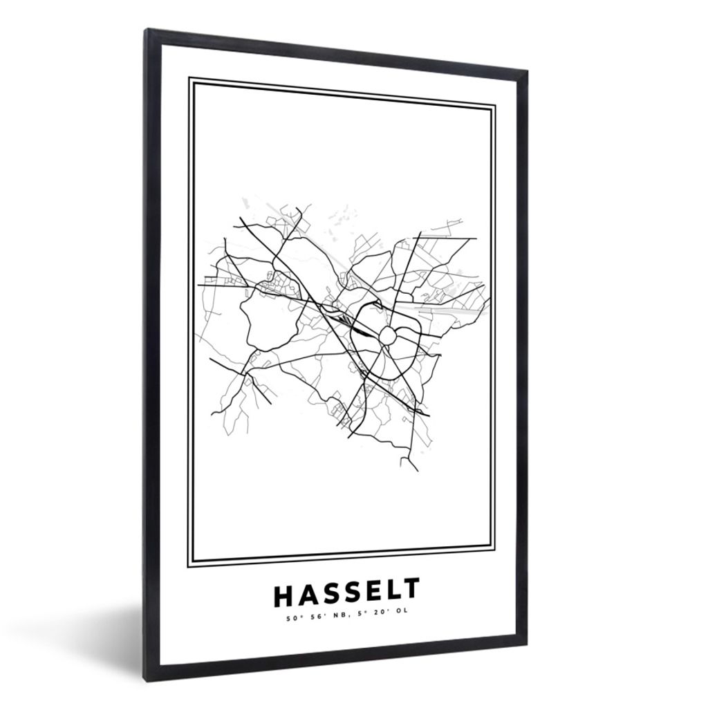 MuchoWow Gerahmtes Poster Belgien - Hasselt - Stadtplan - Karte - Schwarz und weiß - Karte 40x60 cm - Poster mit Schwarzem Bilderrahmen Wandpost...