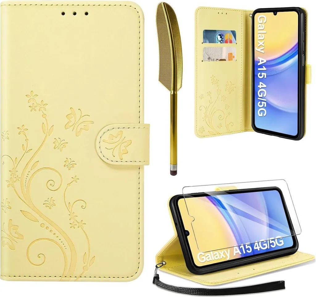 Custodia Samsung A15 Gialla Portafoglio con Vetro Temperato Omaggio - 1