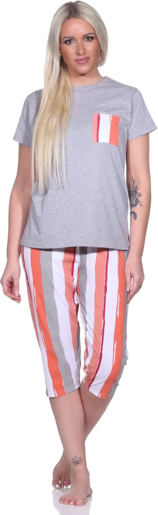 Damen Pyjama Schlafanzug mit T-Shirt 3/4 Capri Hose und lässigem Design ; grau , 40