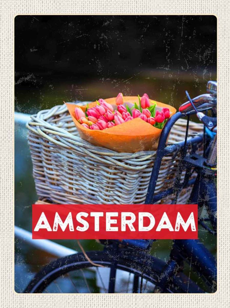 vianmo Holzschild 30x20 cm Retro Amsterdam Tulpen Fahrrad Bildmotiv Reisemotiv Abenteuer Reisen