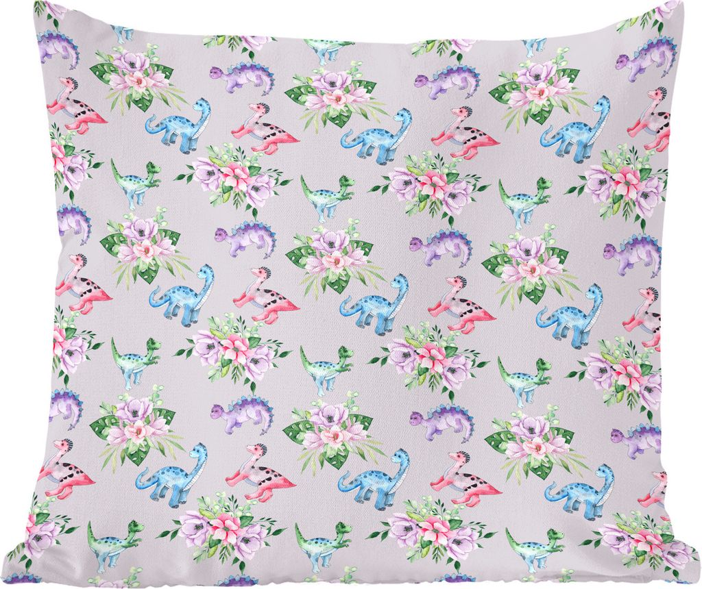 MuchoWow Zierkissen Sofakissen Wohnzimmer Dekokissen 50x50 cm Kinderzimmer - Dinosaurier - Blumenarrangements - Mädchen - Kinder - Rosa - Kinder...