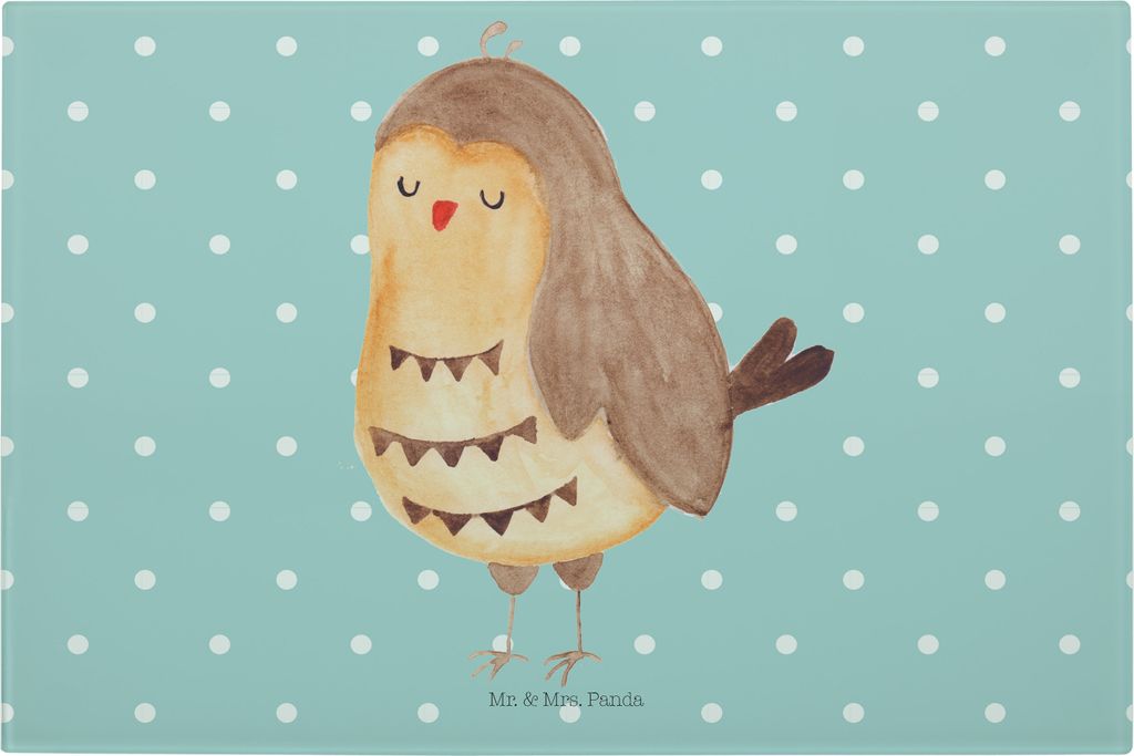 Mr. & Mrs. Panda Hackbrett Eule Zufrieden - Türkis Pastell - Geschenk, Schneidplatte, glücklich, Küchenbrett, Waldtier, Müde, Glas, Schneidbret...