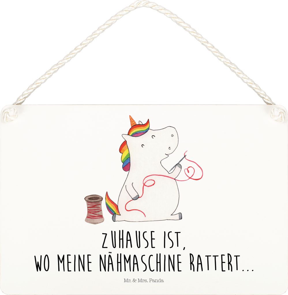 Mr. & Mrs. Panda Schild Einhorn Näherin DIN A5 - Weiß - Geschenk, Deko Wandbild, Unicorn, Einhörner, holzbild, Stricken, Holz, Freundin, kleine ...