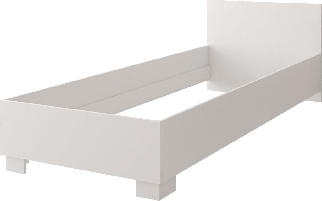 A white bed frame with a headboard, shown from a side-angle on a white background.