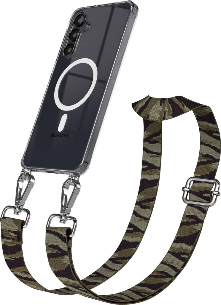 EAZY CASE - Handykette mit MagSafe Hülle für Samsung Galaxy A16, Handyband Camouflage Style, Karabiner Silber, Umhängeband in Grün