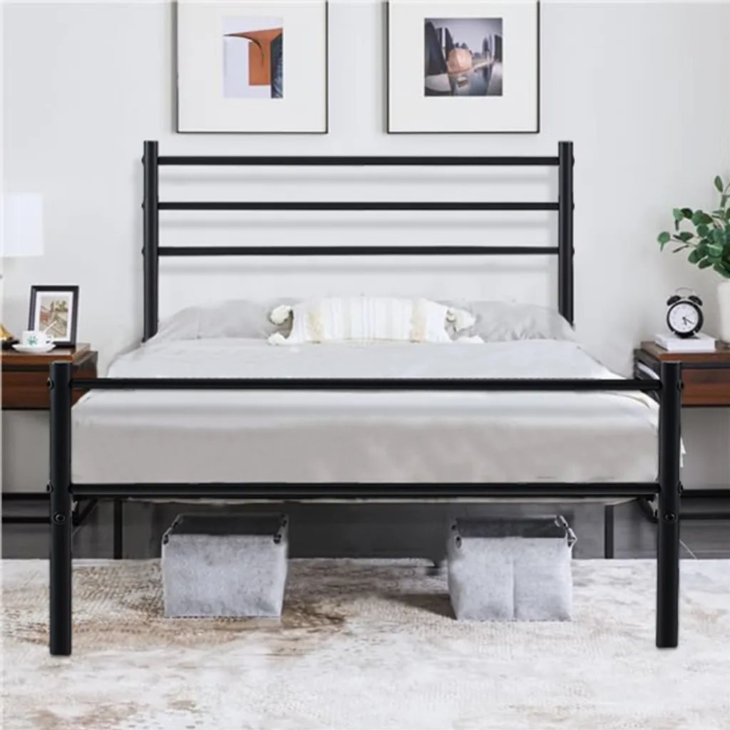 Lit double 140x190 cm en acier noir avec sommier à lattes intégré