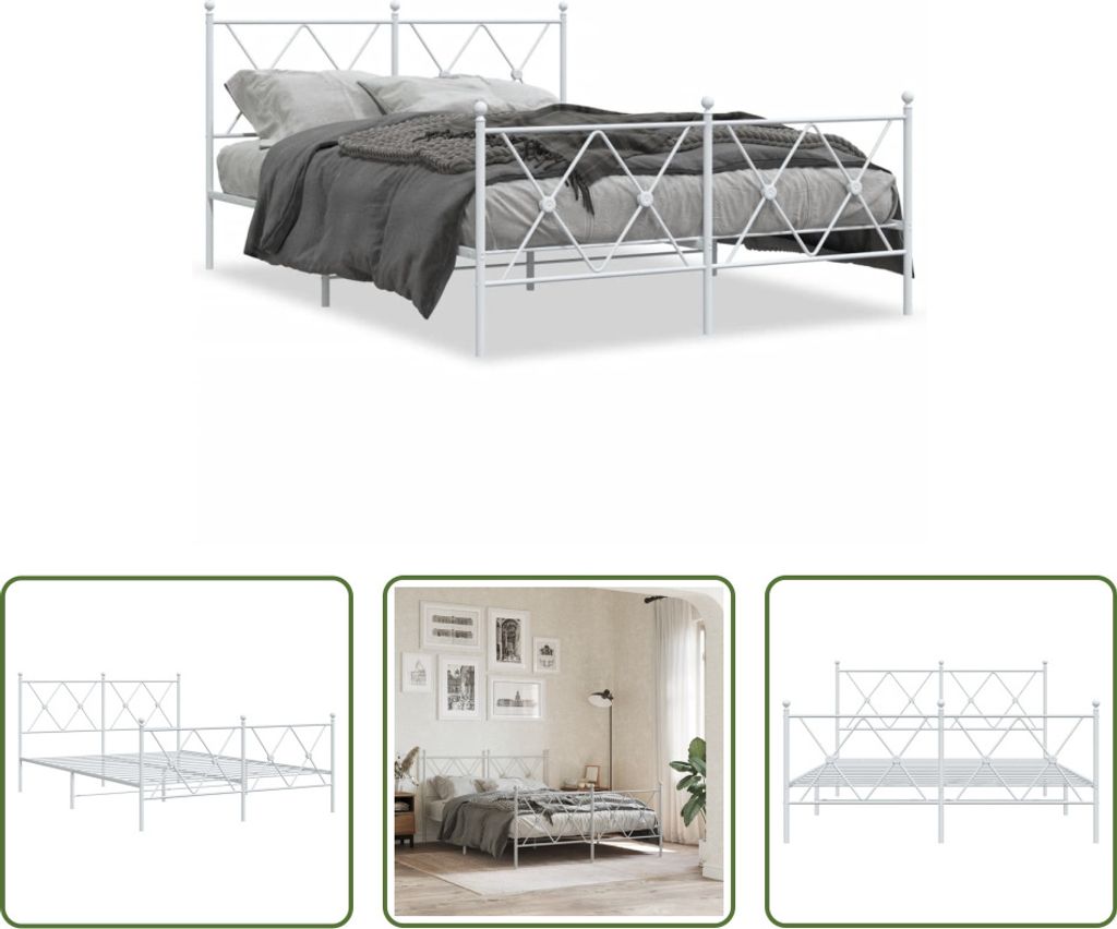 The Living Store Bettgestell mit Kopf- und Fußteil Metall Weiß 140x200 cm