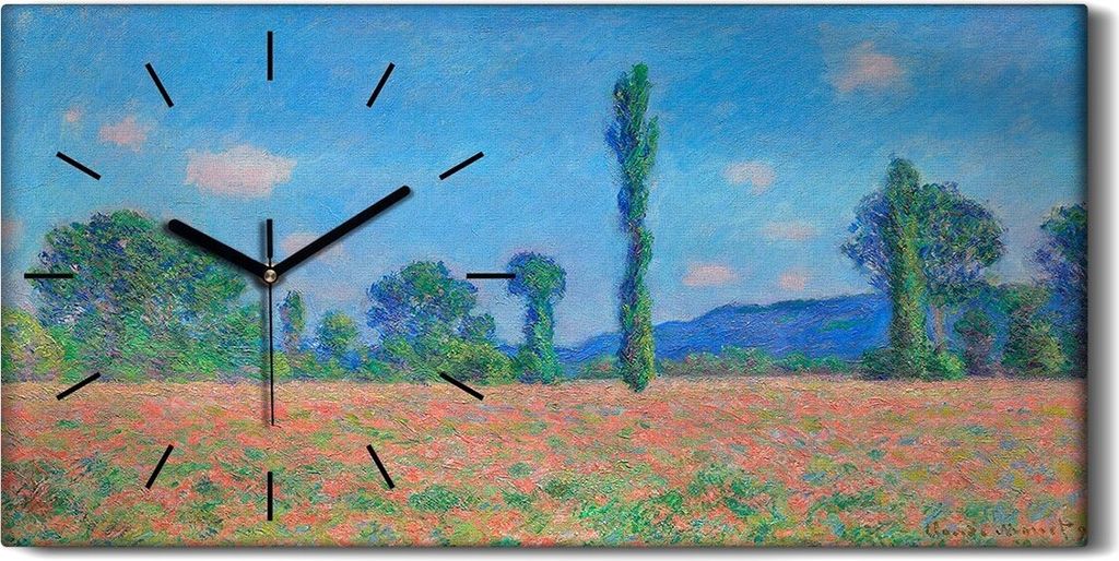 Wanduhr Uhr Wandbild Leinwand Geräuschlos Kunstdruck 60x30 Mohnfeld Giverny - schwarze Hände