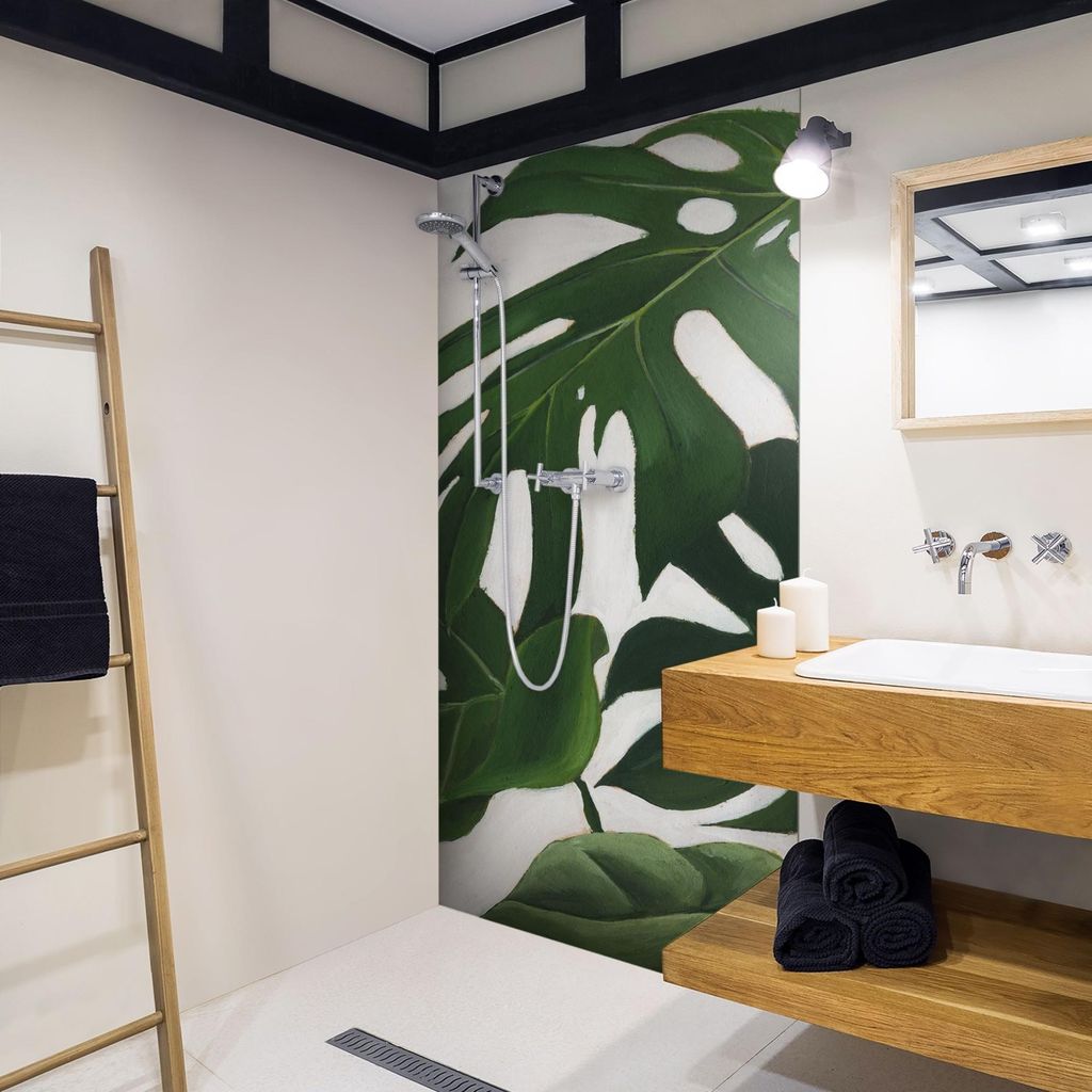 Duschrückwand mit Motiv selbstklebend - 0.35 mm Wandpaneel wasserfest Pflanzen grün Tropisch Badrückwand fugenlos Smart matt 90x190 cm