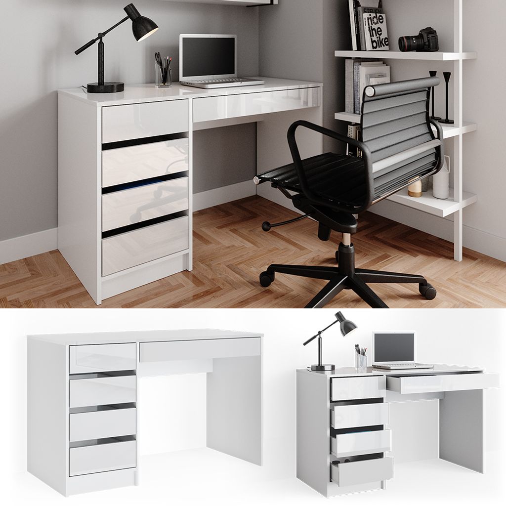 Schreibtisch Weiß Computertisch Hochglanz mit Schubladen Bürotisch 120cm Tisch