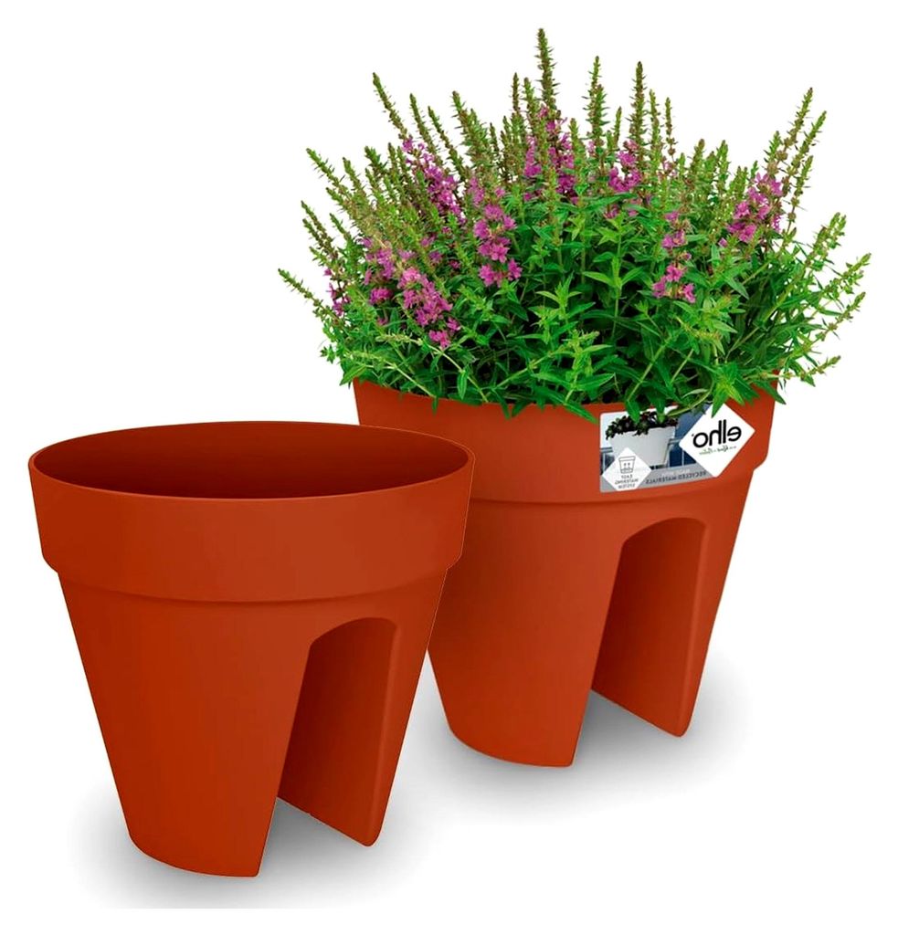 2X Blumentopf loft urban Balkonhalterung 29x26cm Überlaufrohre Rund Blumenkasten Pflanzkasten Balkonkasten Übertopf Pflanzkübel Terracotta